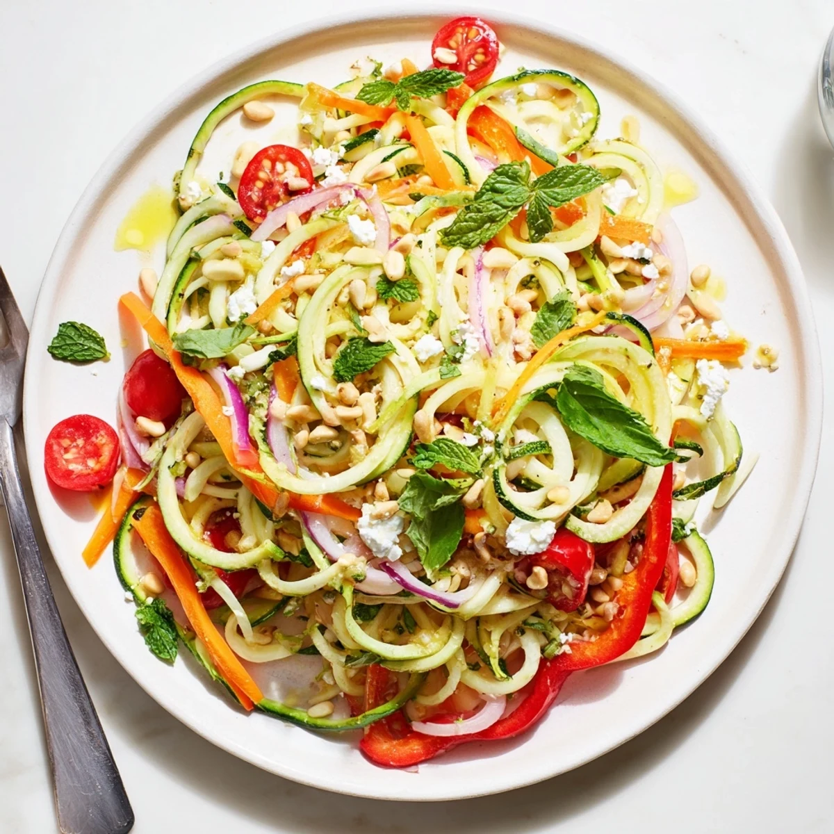 Bright bowl of refreshing zucchini noodle salad delight with colorful cherry tomatoes, bell peppers, and citrus dressing