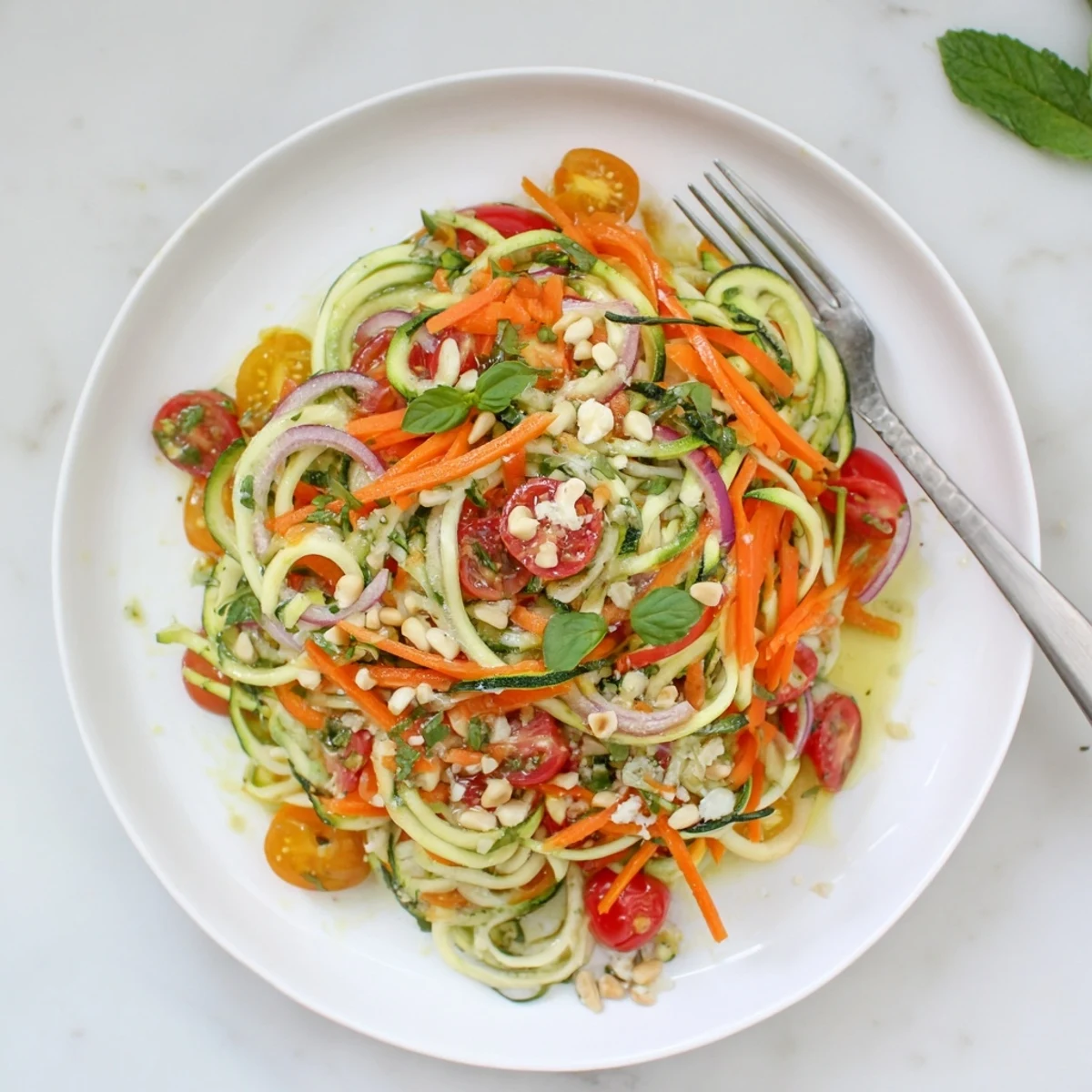 Crisp spiralized zucchini noodles tossed with fresh vegetables and zesty citrus dressing in a white serving bowl