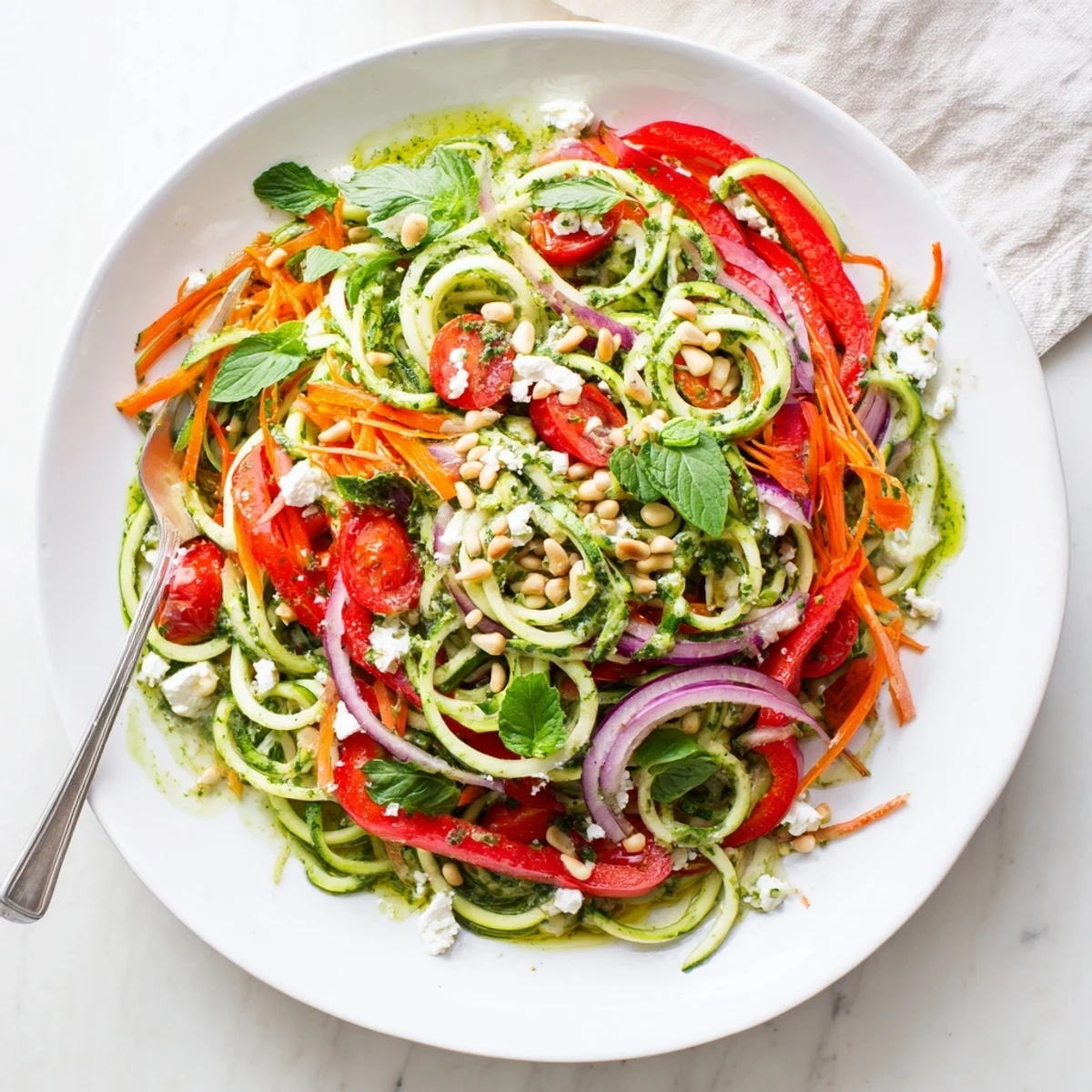 Summer refreshing zucchini noodle salad delight topped with crumbled feta cheese, pine nuts, and fresh herbs