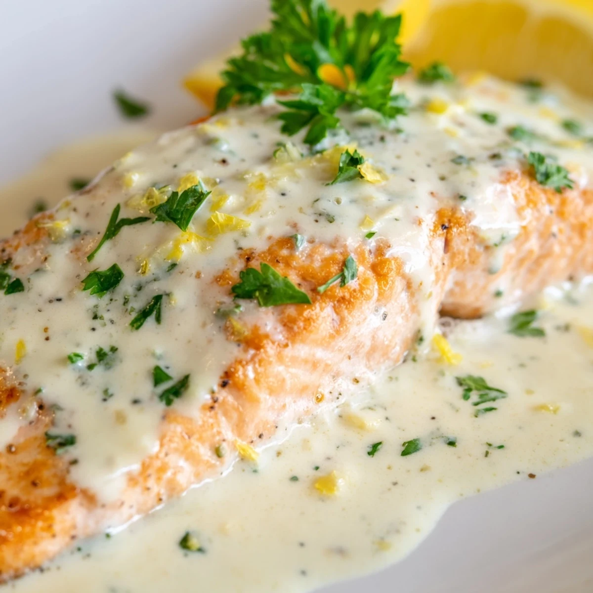 Golden pan-seared salmon fillets drizzled with rich lemon cream sauce and fresh parsley