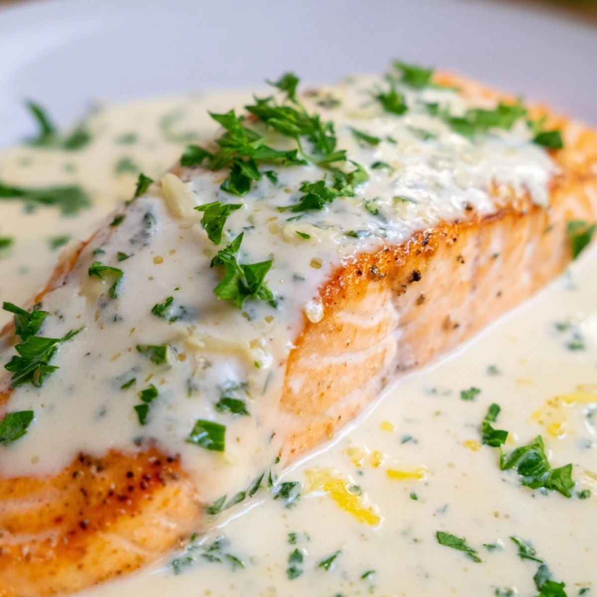 Creamy lemon garlic sauce coats pan-seared salmon fillets finished with bright lemon zest