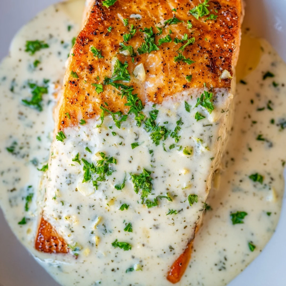 Succulent salmon with lemon cream sauce plated on white dish with vibrant green garnish