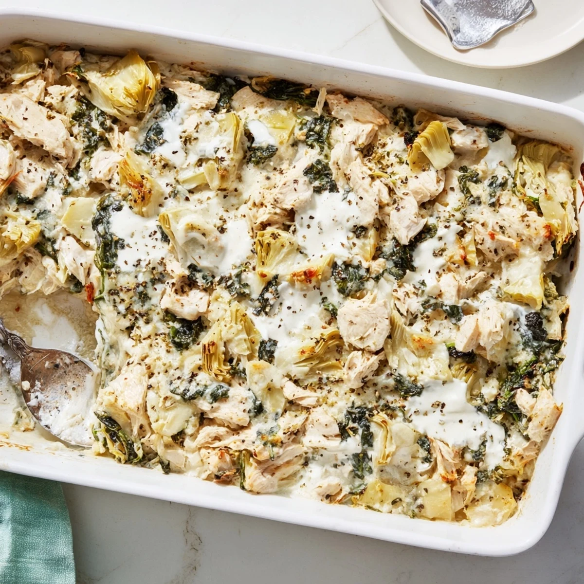 Golden bubbly spinach artichoke chicken casserole fresh from the oven with melted cheese topping