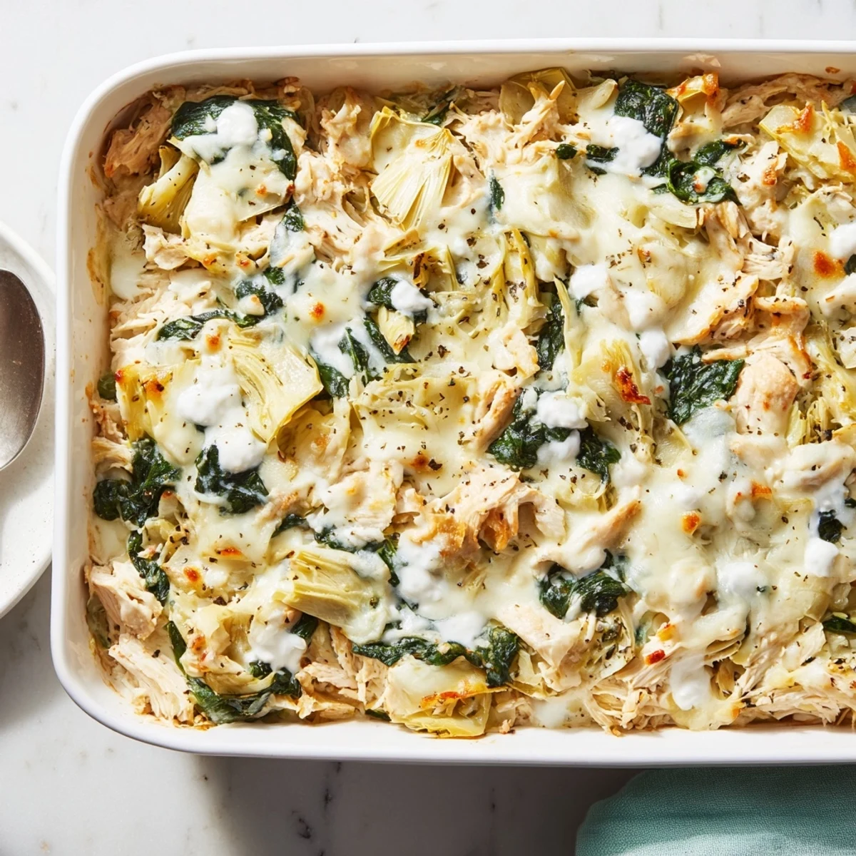 Close-up of tender spinach artichoke chicken casserole showing gooey mozzarella and savory artichoke pieces