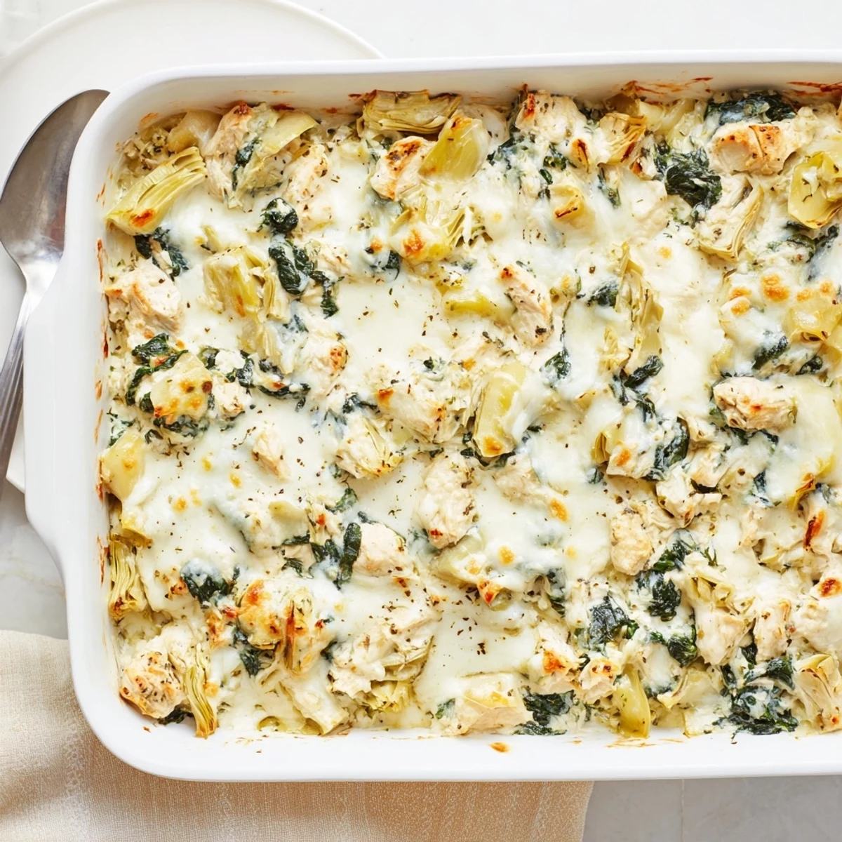 Creamy spinach artichoke chicken casserole served in a white baking dish with steam rising