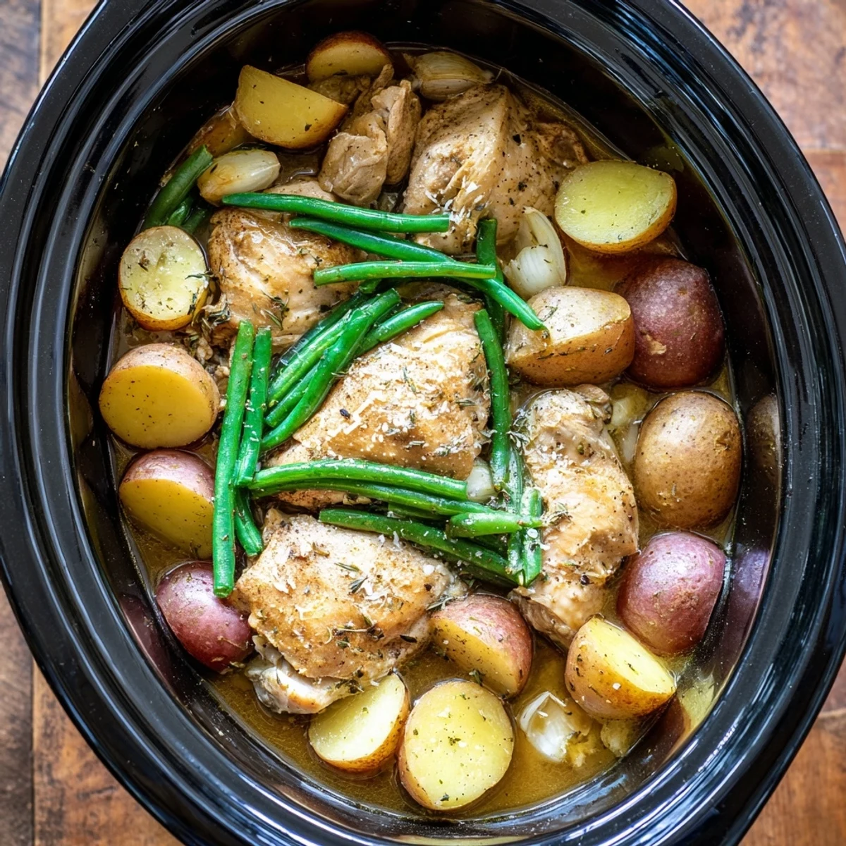 Slow cooker chicken and potatoes with green beans in a rich savory broth
