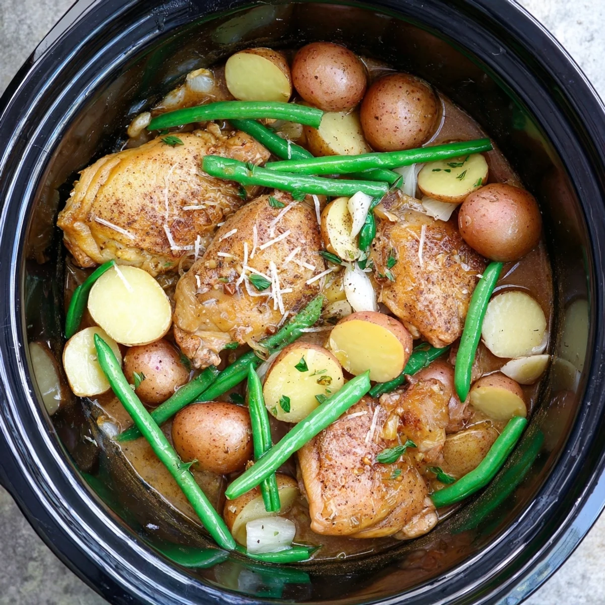 Tender slow cooker chicken and potatoes with fresh green beans ready to serve