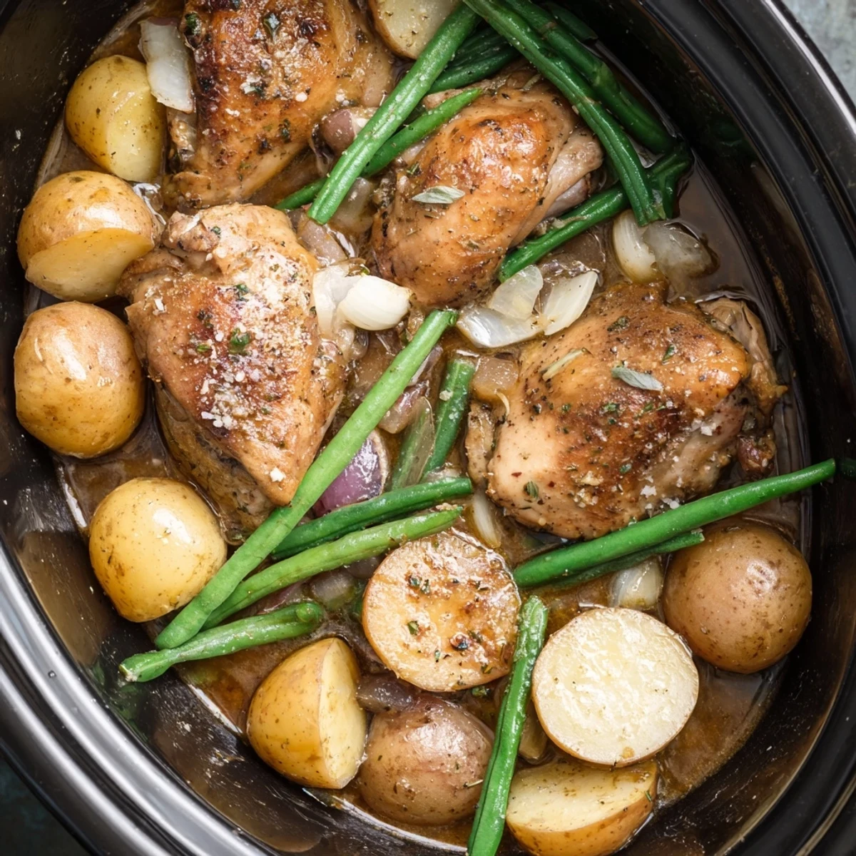 Golden slow cooker chicken thighs nestled with baby potatoes and crisp green beans