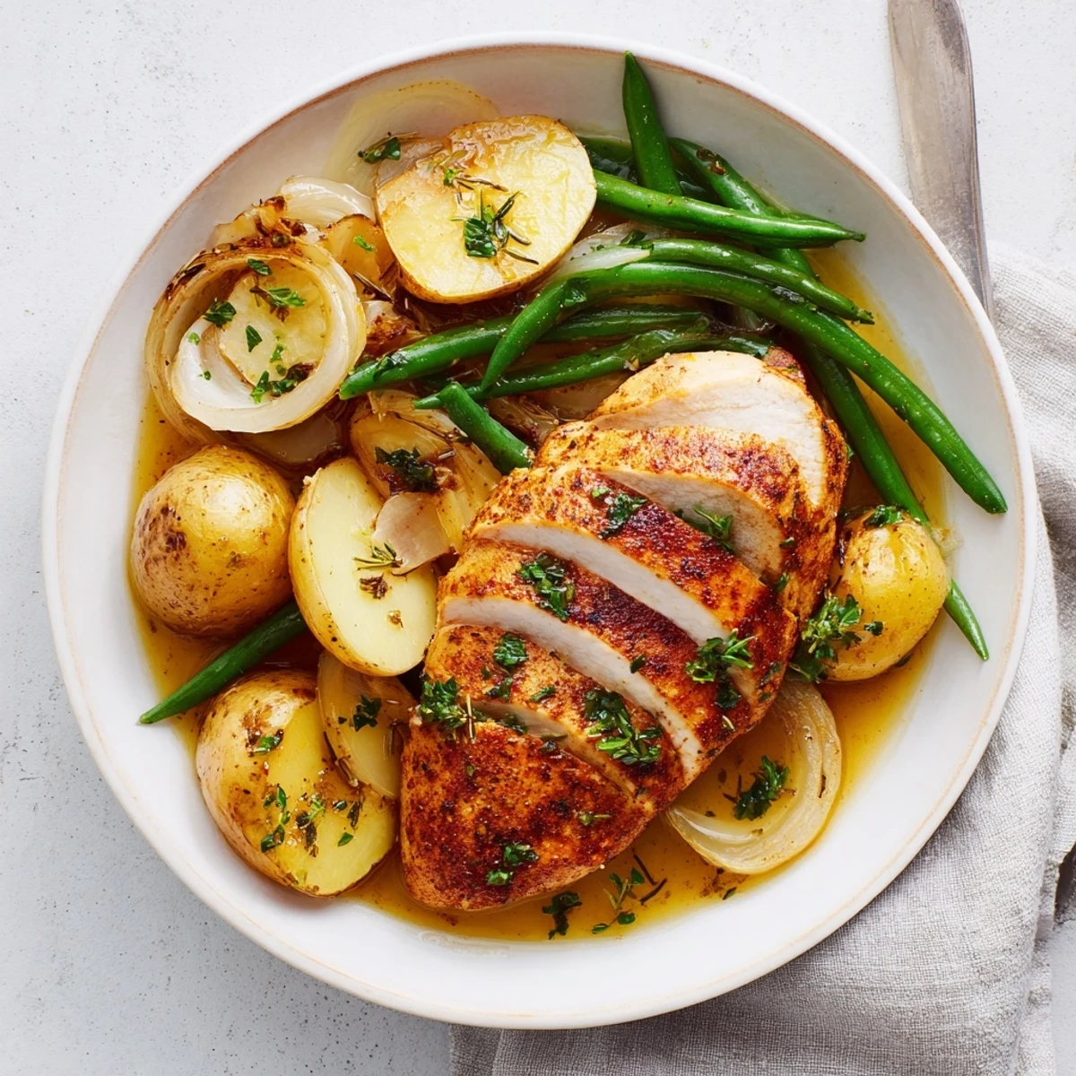 Steaming Slow Cooker Chicken And Potatoes With Green Beans, herb scented