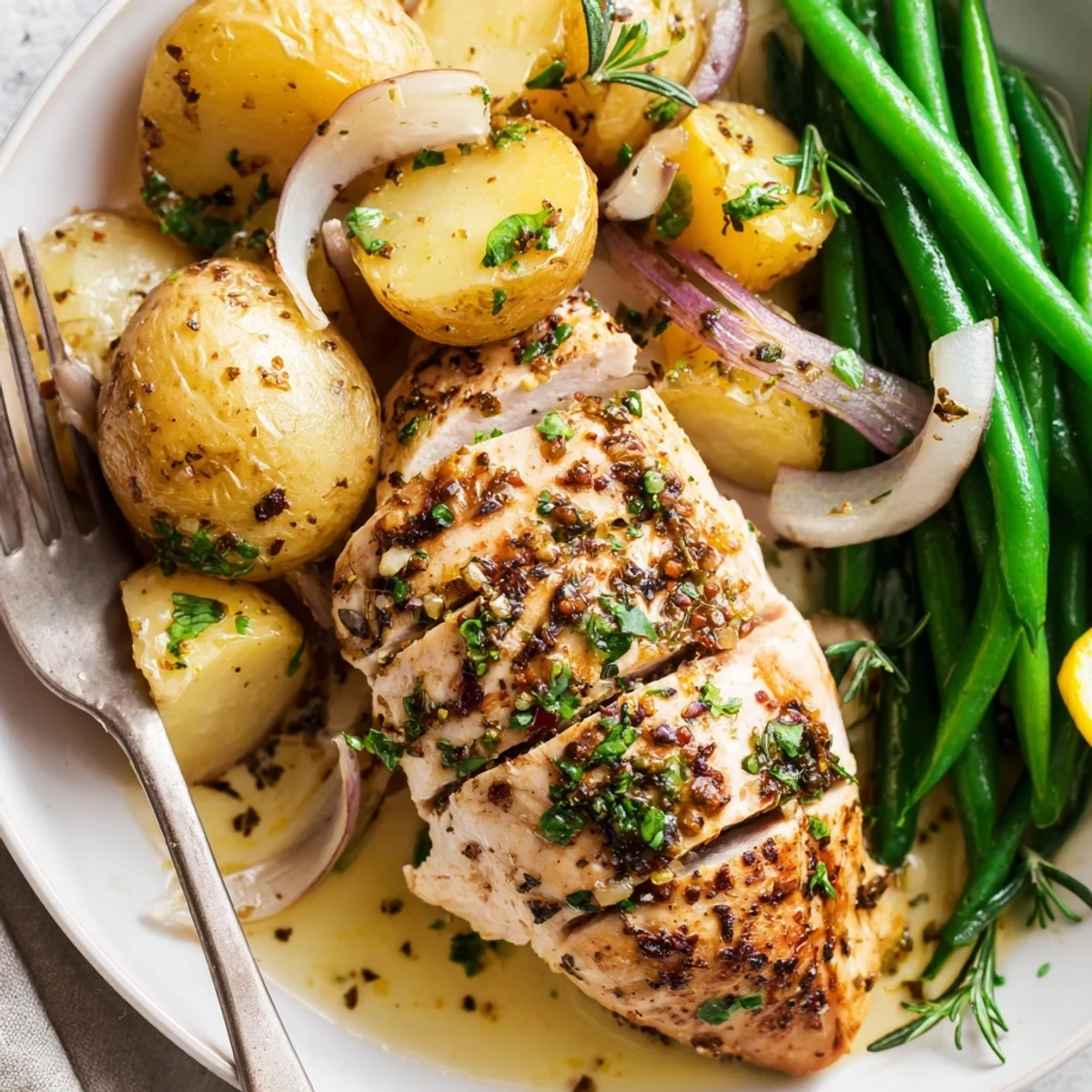 Slow Cooker Chicken And Potatoes With Green Beans bubbling in savory broth, fork tender