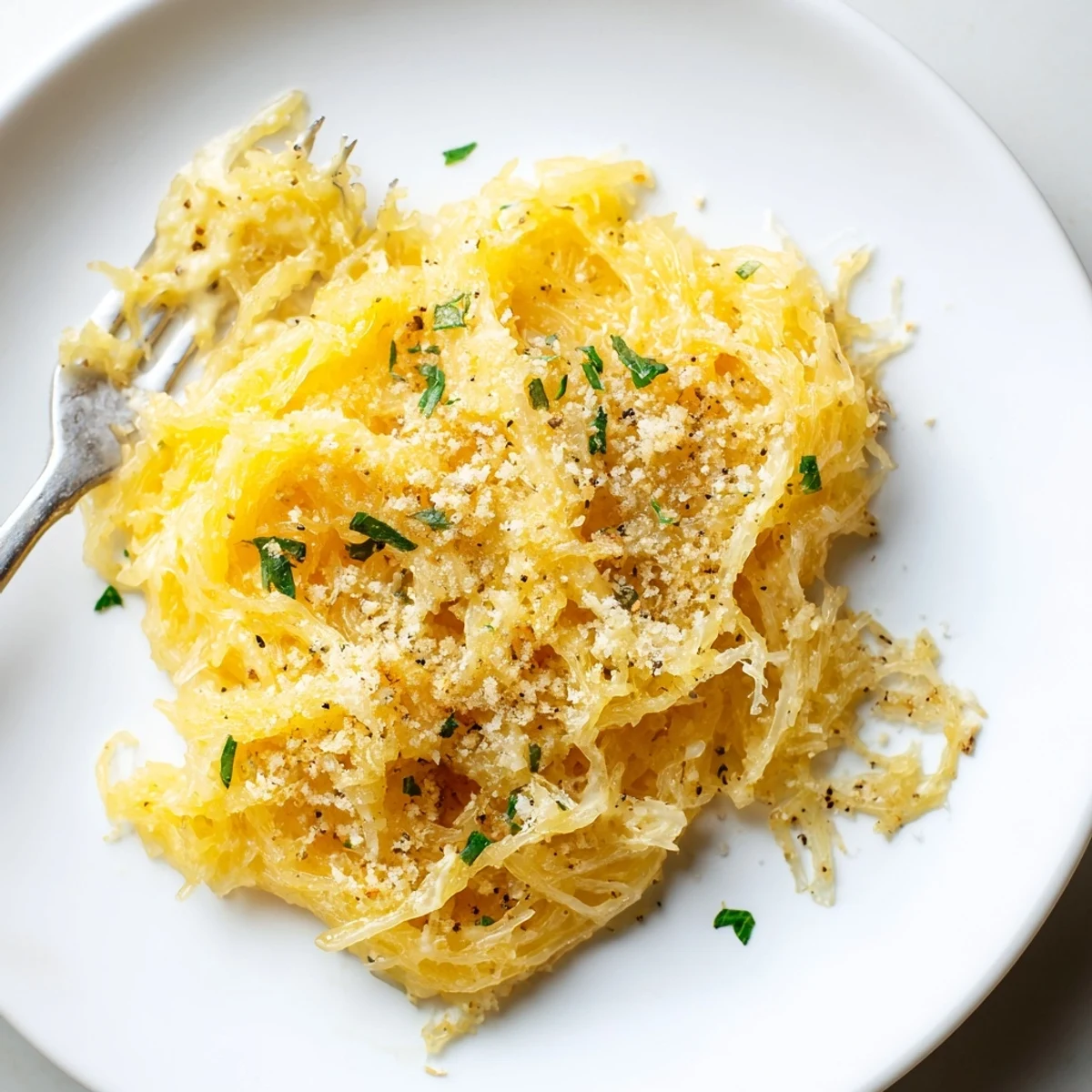 Creamy Spaghetti Squash Mac Cheese with golden breadcrumb topping, steaming in dish
