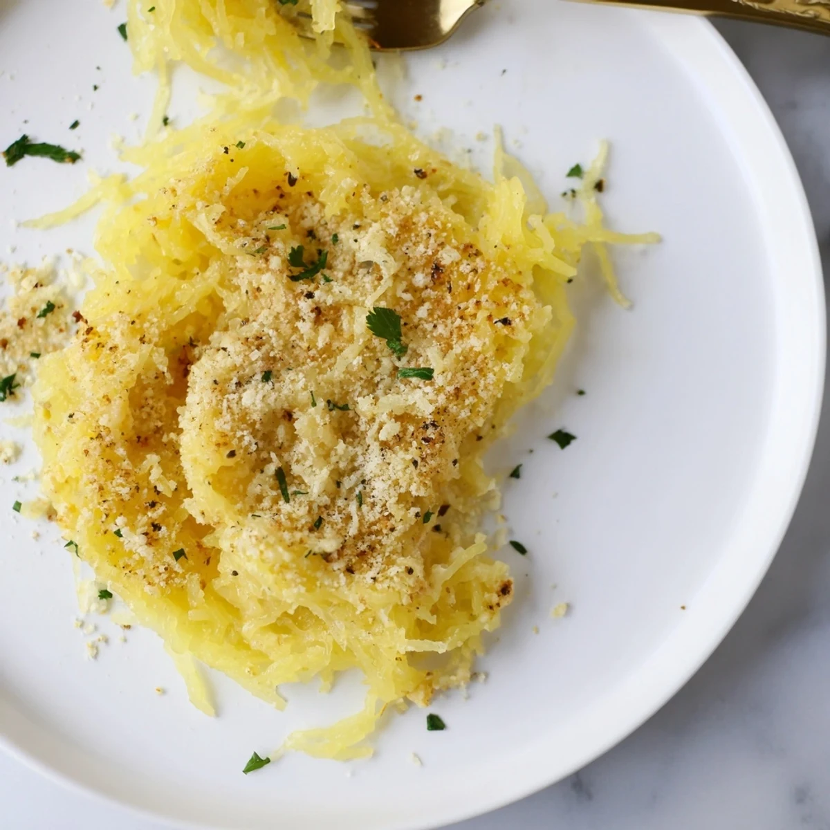 Baked Spaghetti Squash Mac Cheese, bubbly cheddar crust and fresh parsley garnish