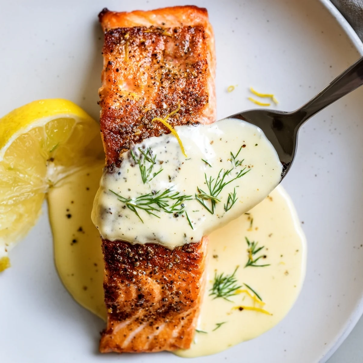 Pan-seared Salmon With Lemon Cream Sauce glistening, herb-garnished, served over rice