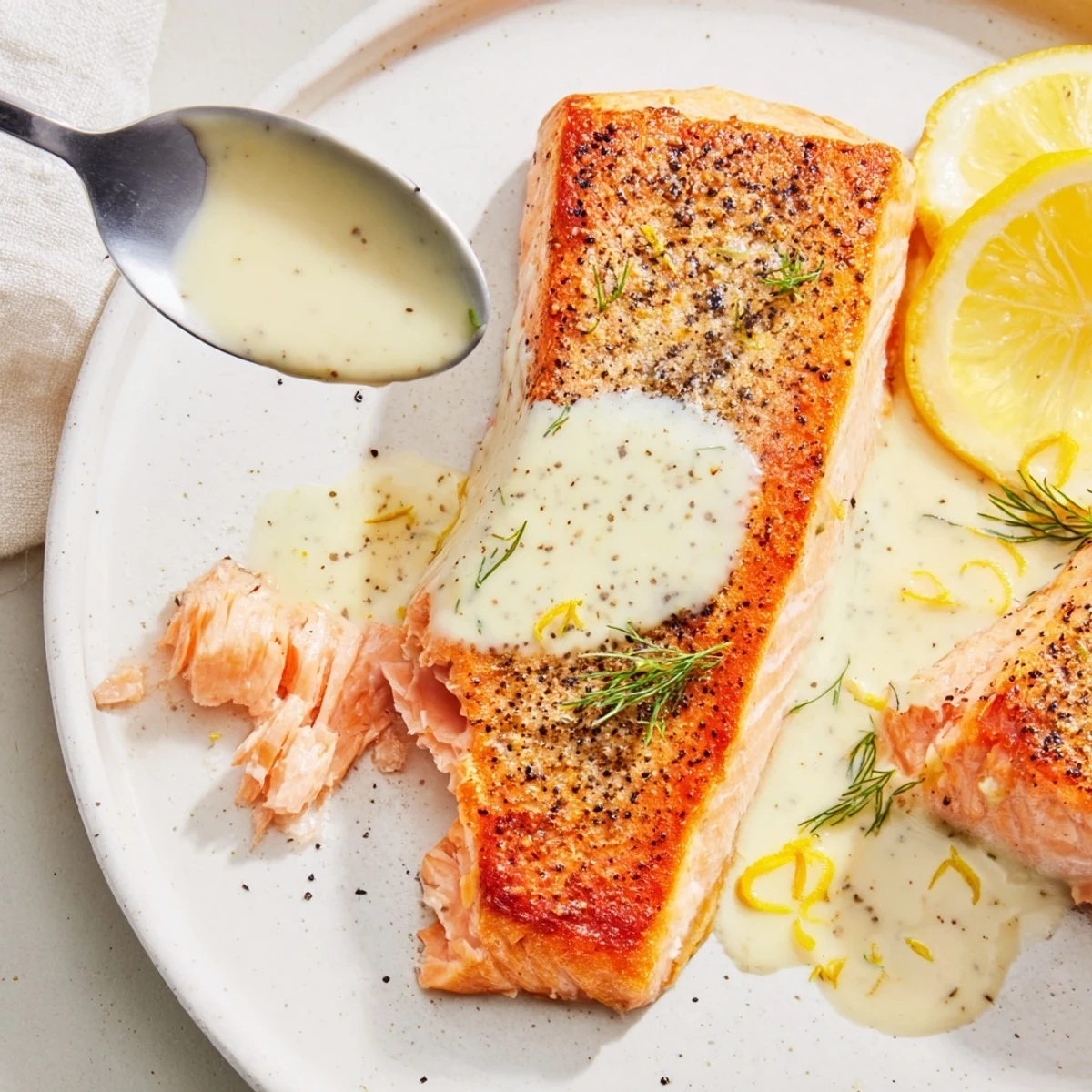 Creamy Salmon With Lemon Cream Sauce spooned over roasted potatoes, bright citrus aroma
