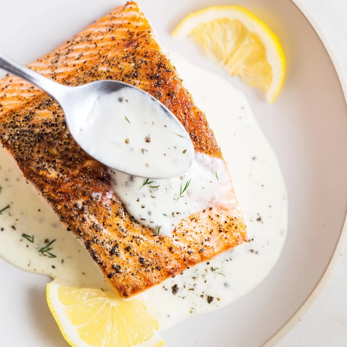 Tender Salmon With Lemon Cream Sauce plated for dinner, zesty, silky sauce