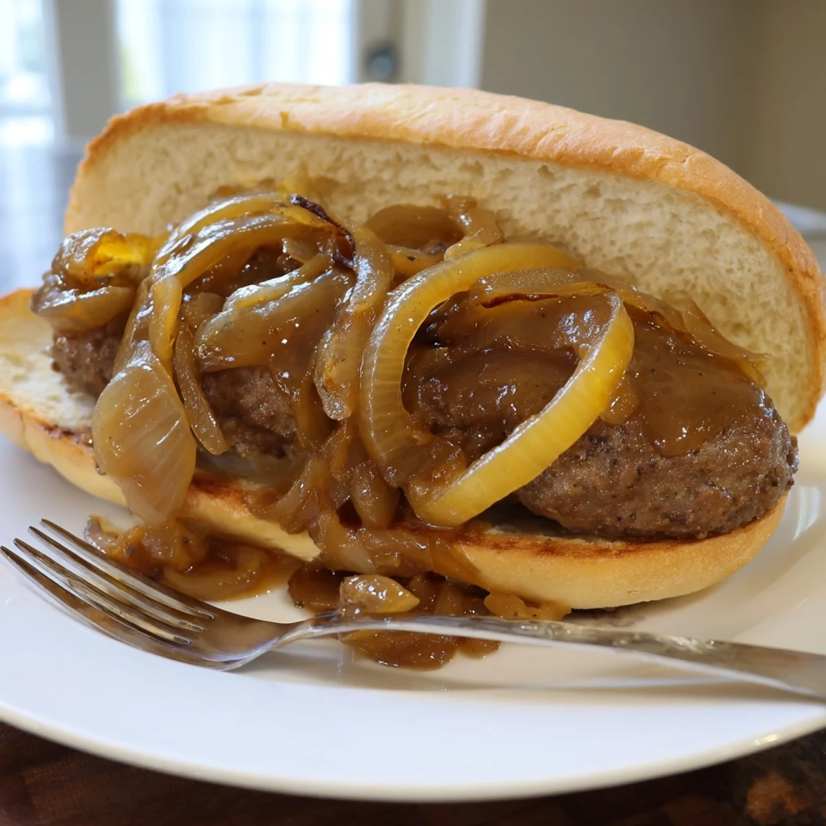 Juicy smothered hamburger steak sandwiches dripping with rich caramelized onion gravy on toasted hoagie rolls