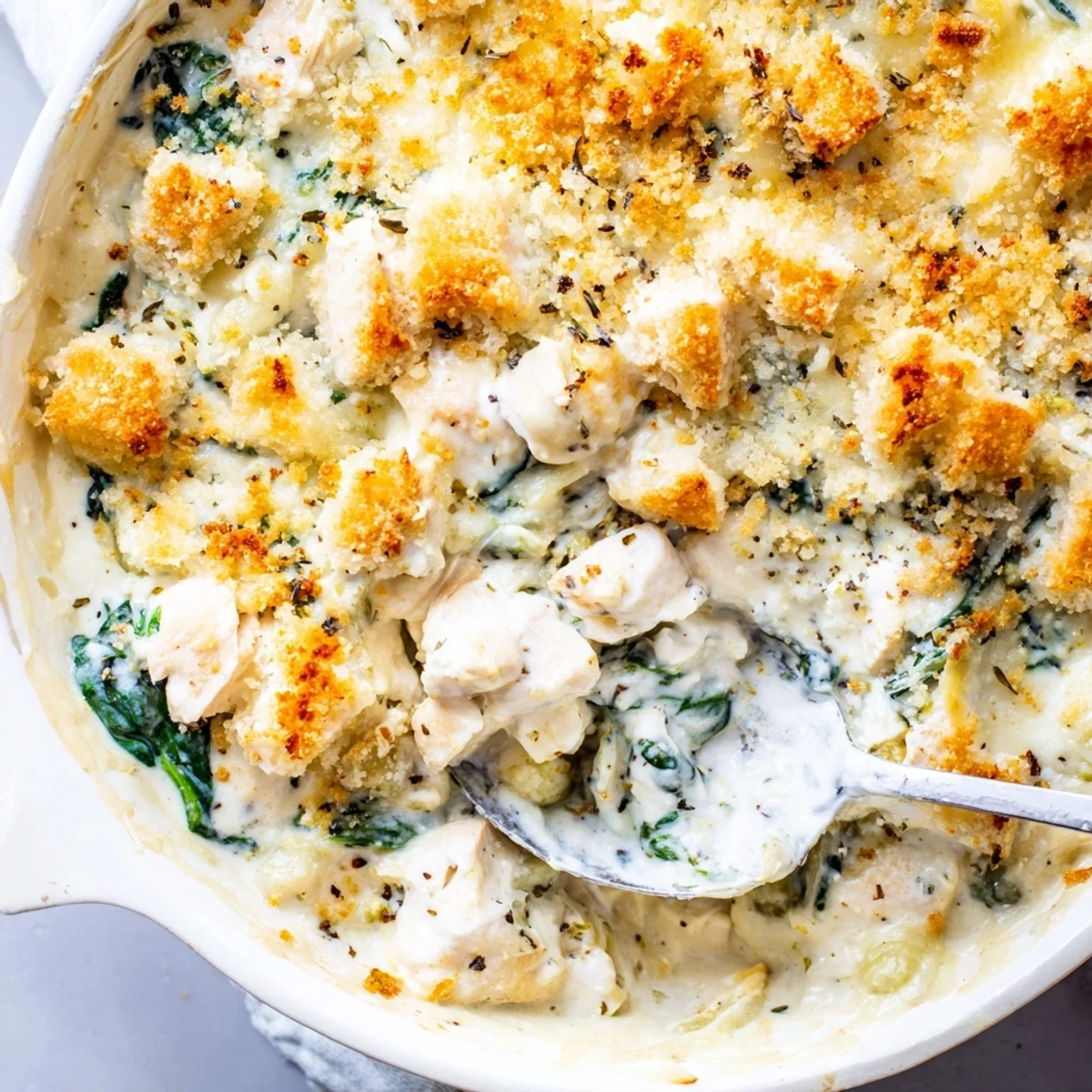 Golden bubbling Creamy Chicken Spinach Casserole fresh from the oven with melted cheese topping