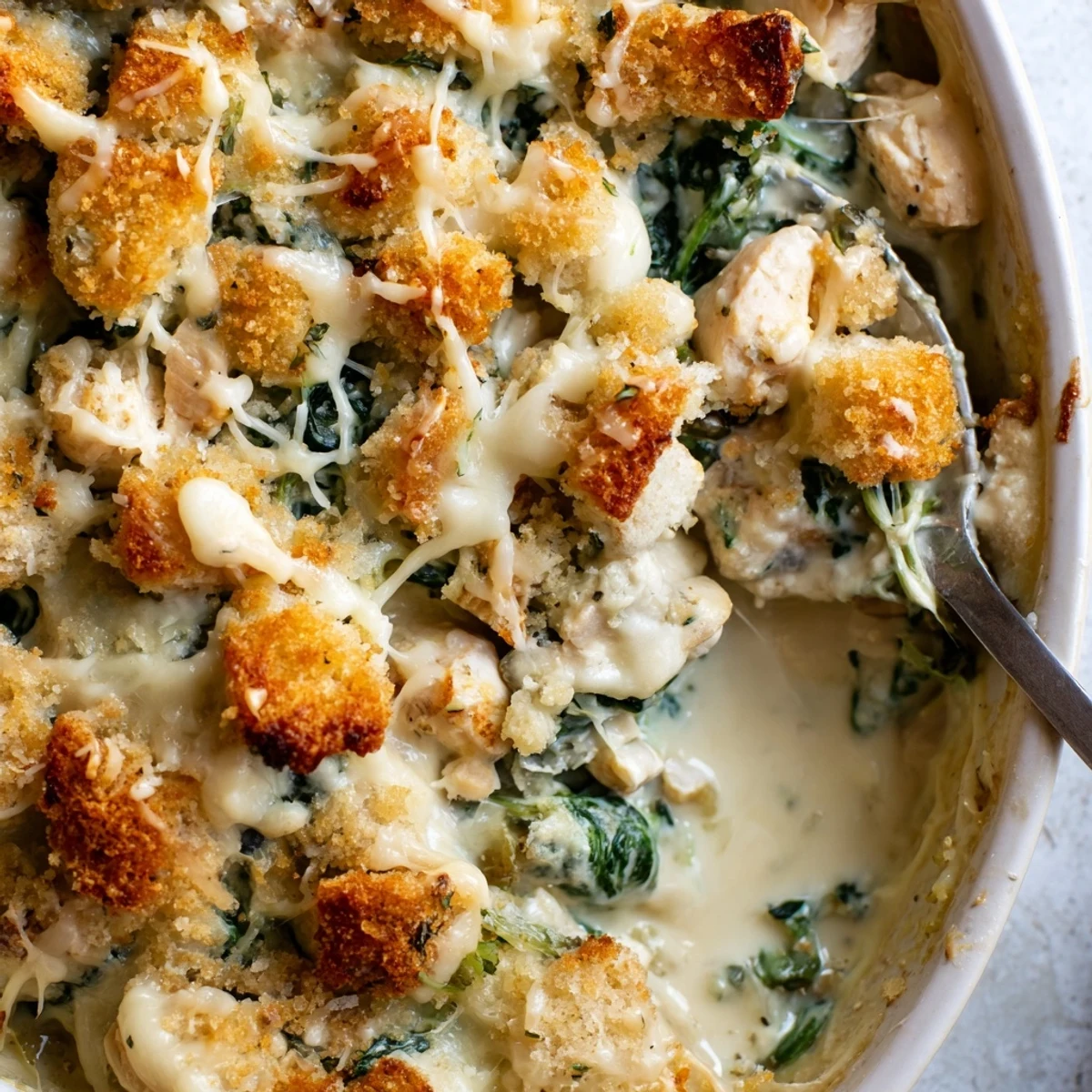 Creamy Chicken Spinach Casserole spooned onto a plate revealing tender chicken and wilted spinach