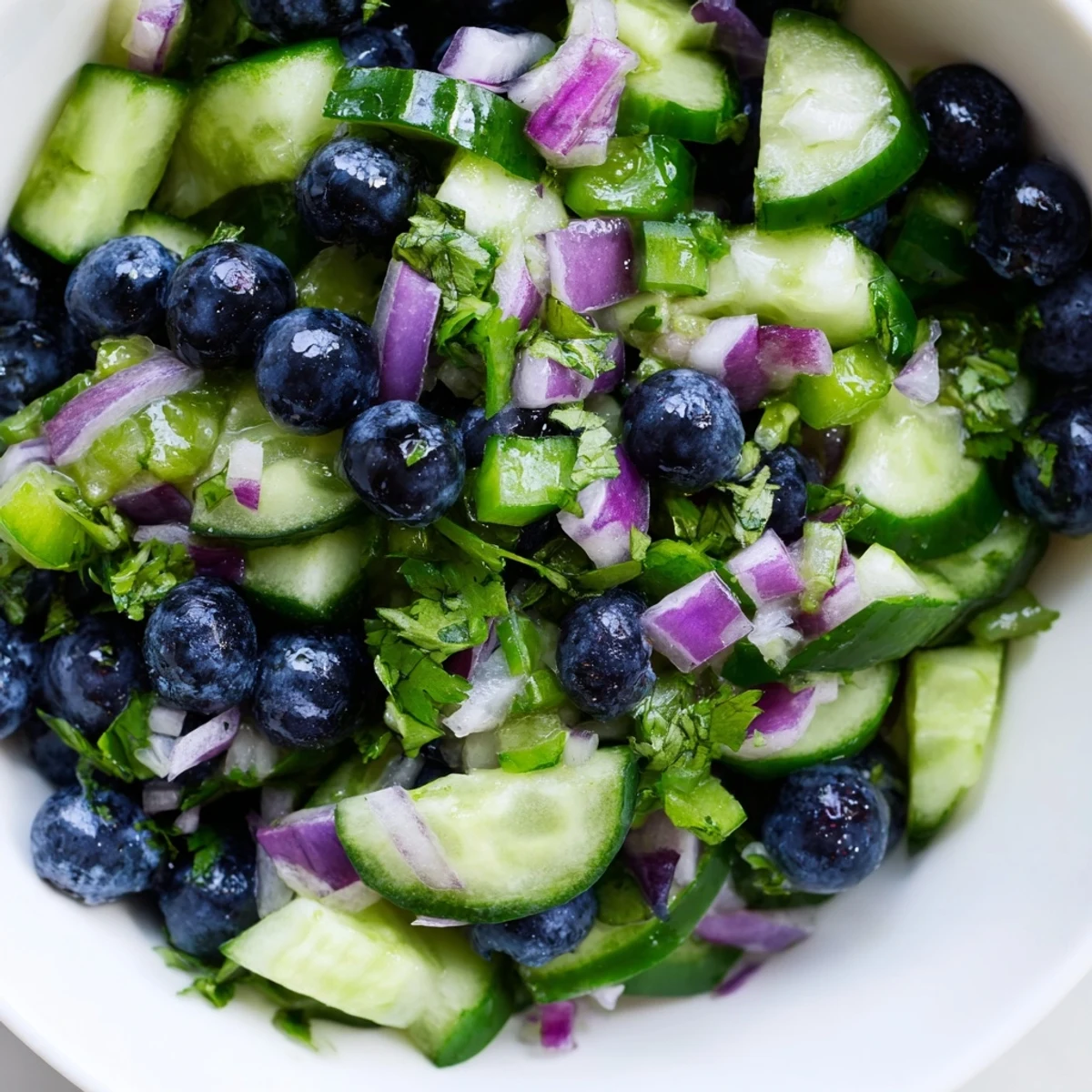 Bowl of blueberry cucumber salsa with bright lime juice and cilantro