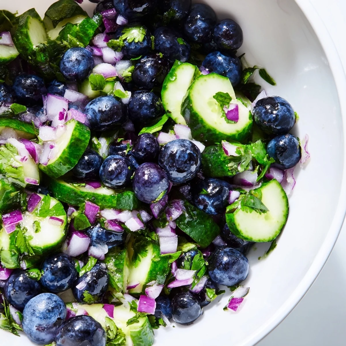 Blueberry cucumber salsa served with crispy tortilla chips on a rustic board