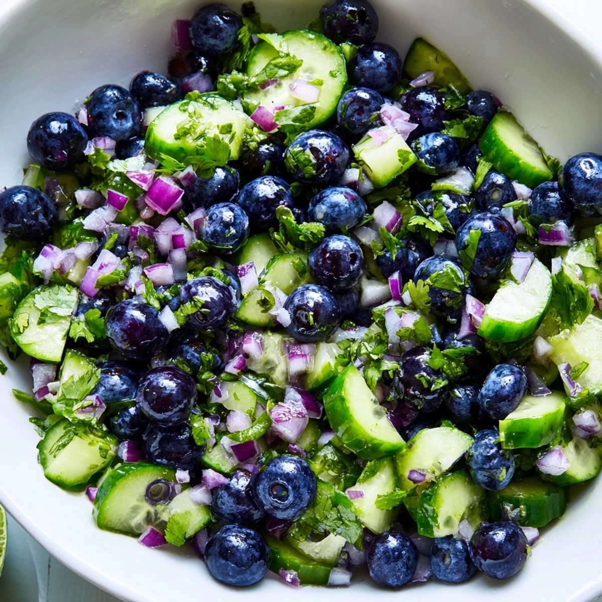 Close-up of blueberry cucumber salsa showcasing juicy berries and crisp diced cucumber