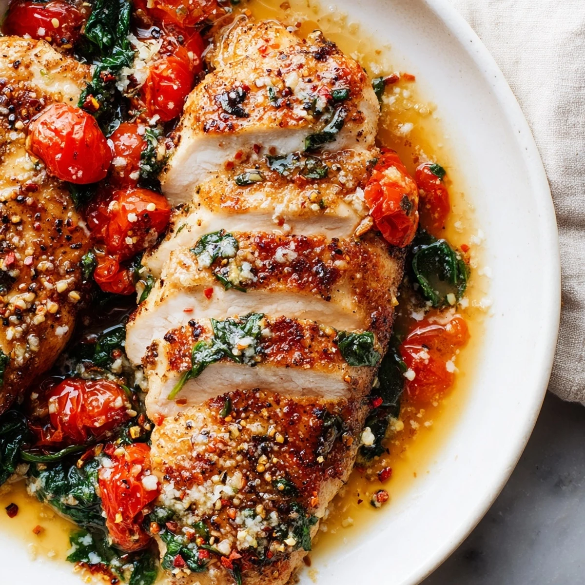 Tomato Spinach White Wine Chicken simmering in skillet with juicy tomatoes, wilted spinach