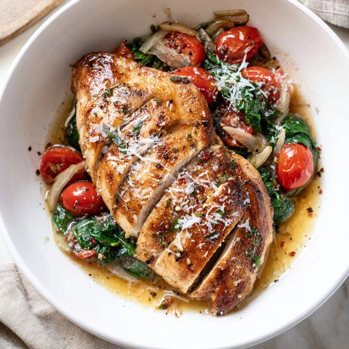 Creamy sauce coats Tomato Spinach White Wine Chicken, cherry tomatoes bursting, Parmesan garnish