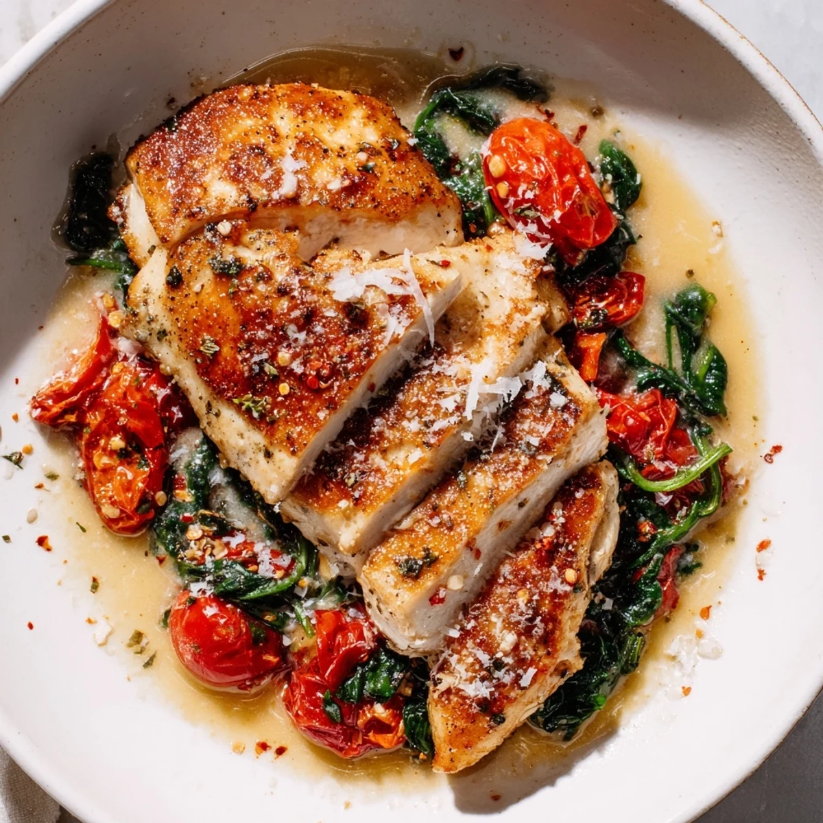 Pan seared Tomato Spinach White Wine Chicken plated with crusty bread, fragrant garlic