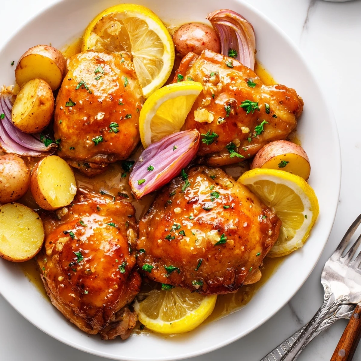 Golden crispy baked honey lemon chicken and potatoes drizzled with glossy sweet tangy sauce