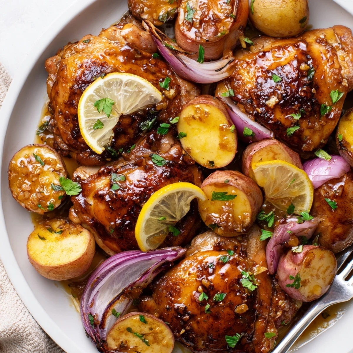 Juicy baked honey lemon chicken and potatoes garnished with fresh parsley and lemon slices