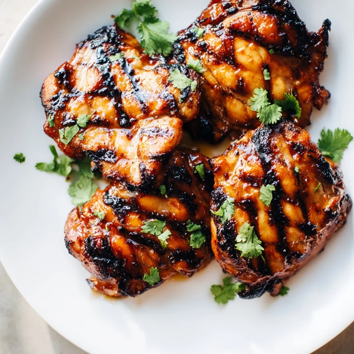 Caramelized sweet n spicy grilled chicken thighs with grill marks and fresh cilantro