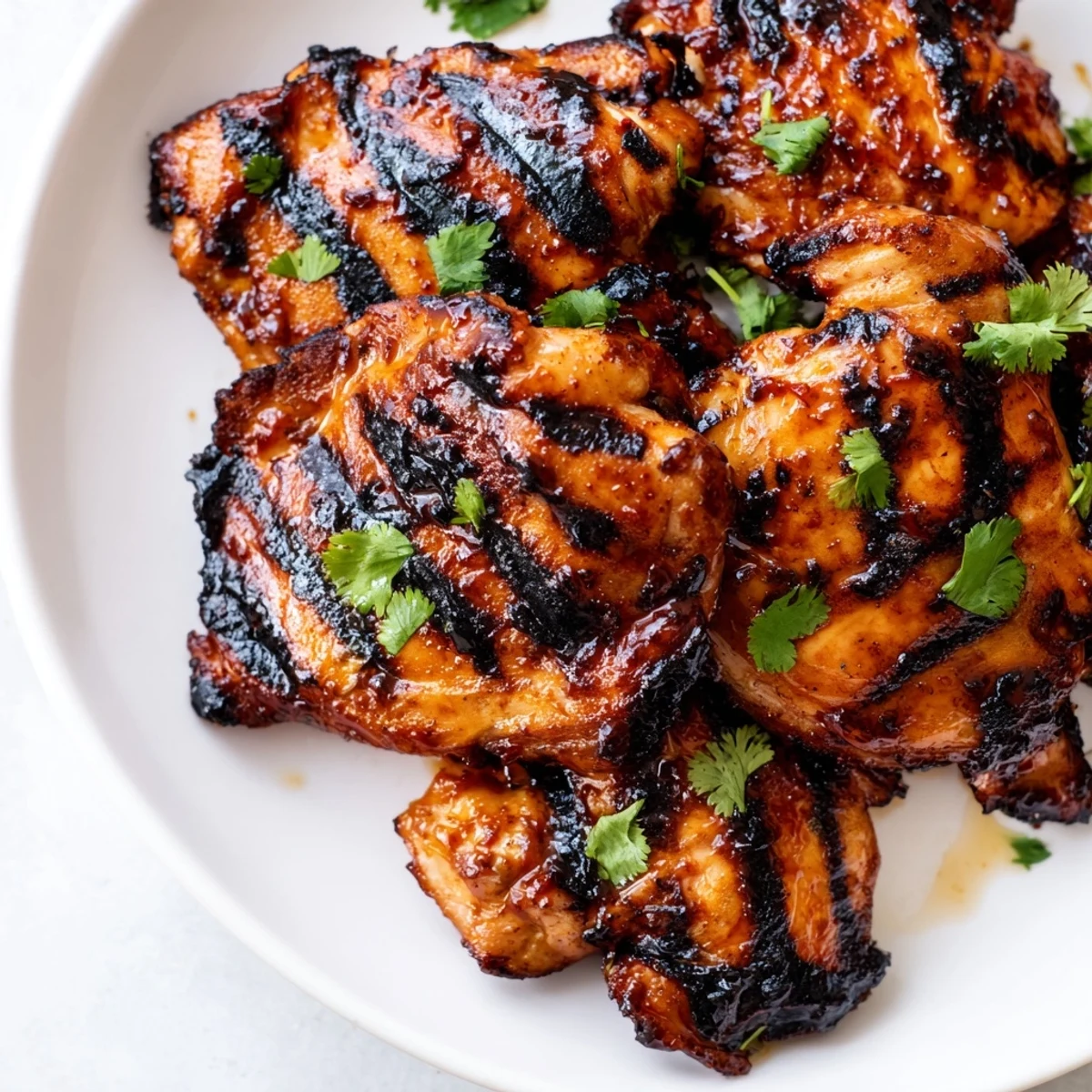 Golden sweet n spicy grilled chicken thighs plated with lime wedges and herbs