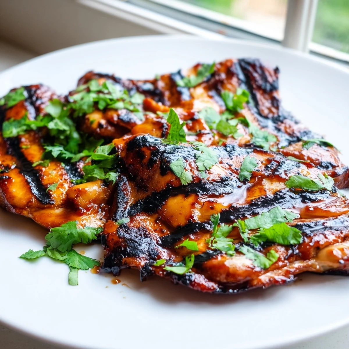 Juicy sweet n spicy grilled chicken thighs charred on a backyard barbecue grill