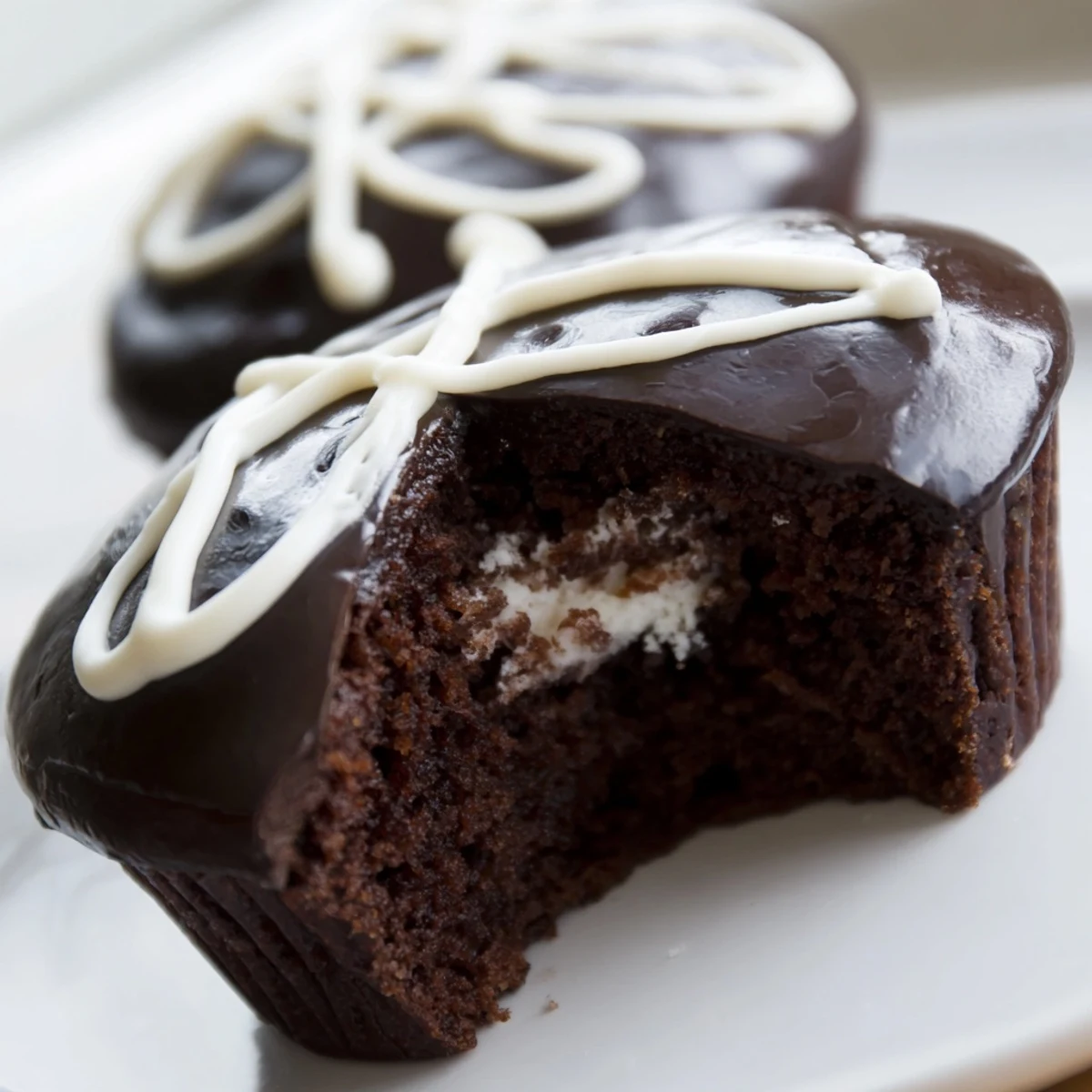 Fluffy Homemade Hostess Cupcakes sliced open to reveal creamy marshmallow filling inside