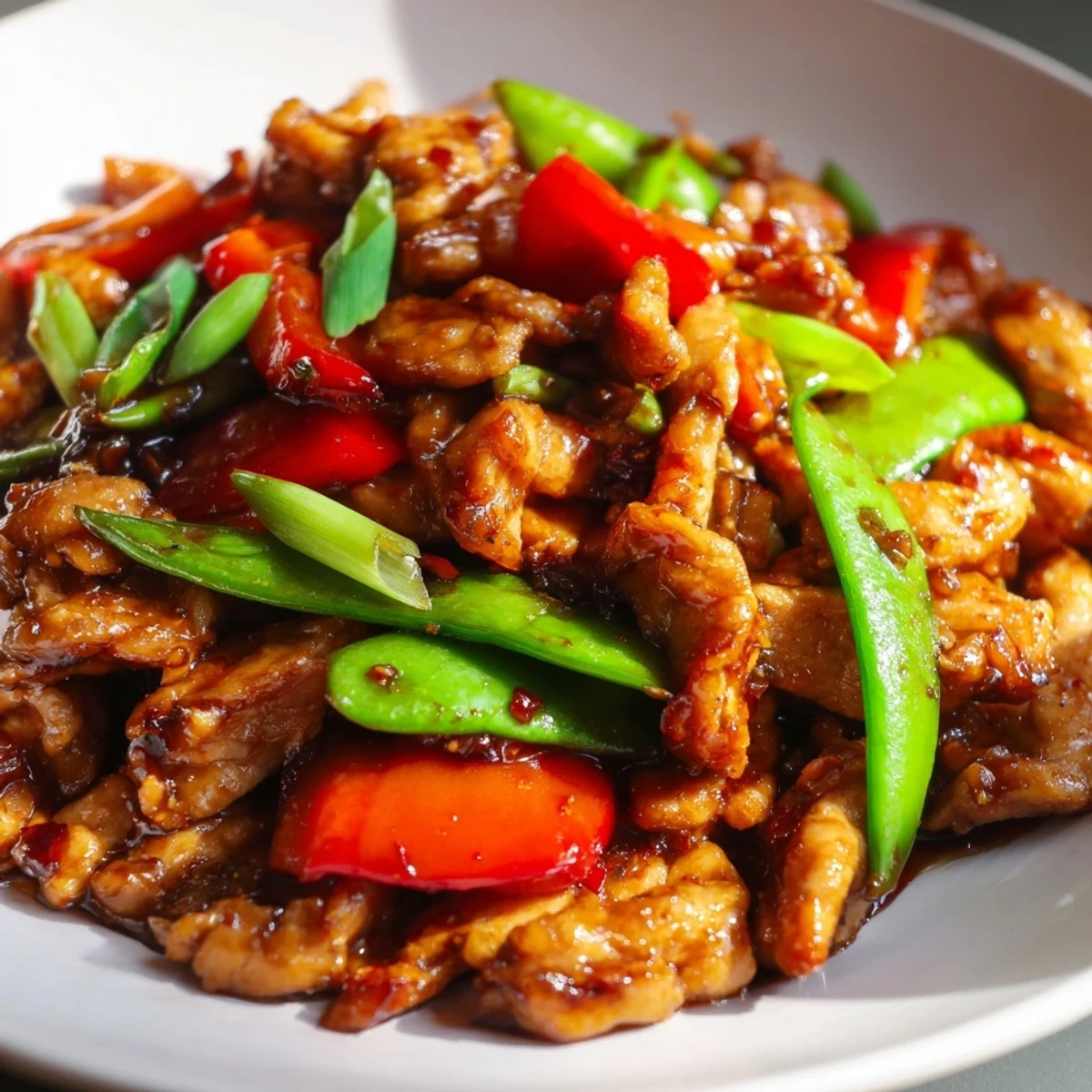 Golden stir fried Chinese garlic chicken tossed with crisp bell peppers and snow peas