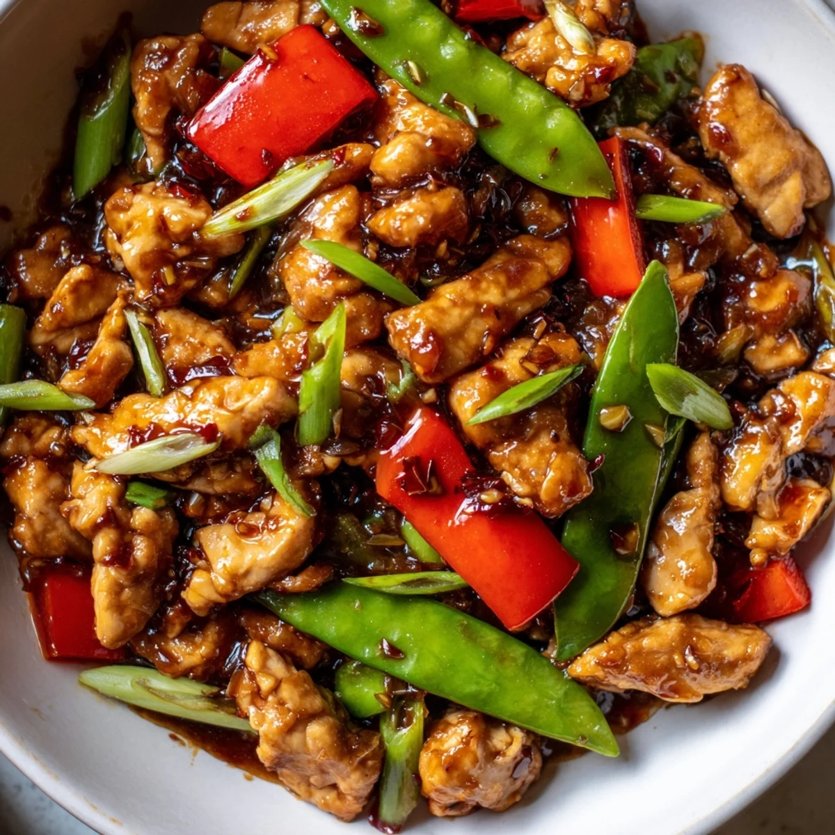 Tender stir fried Chinese garlic chicken glistening with sauce alongside vibrant red pepper slices
