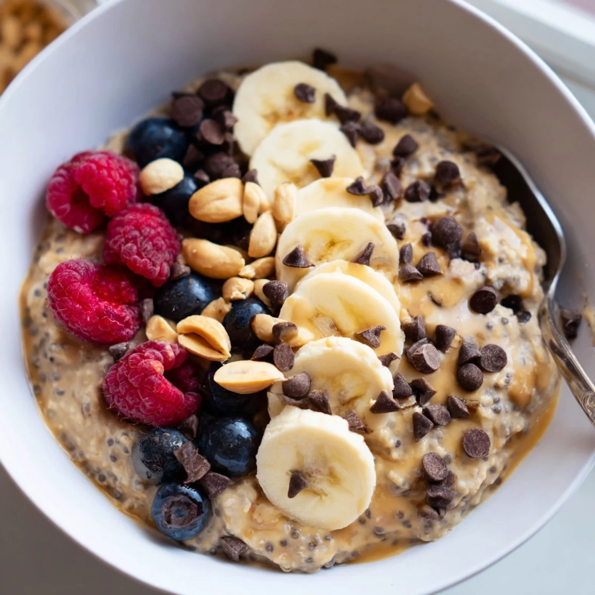 Creamy peanut butter chia pudding topped with sliced banana and fresh berries