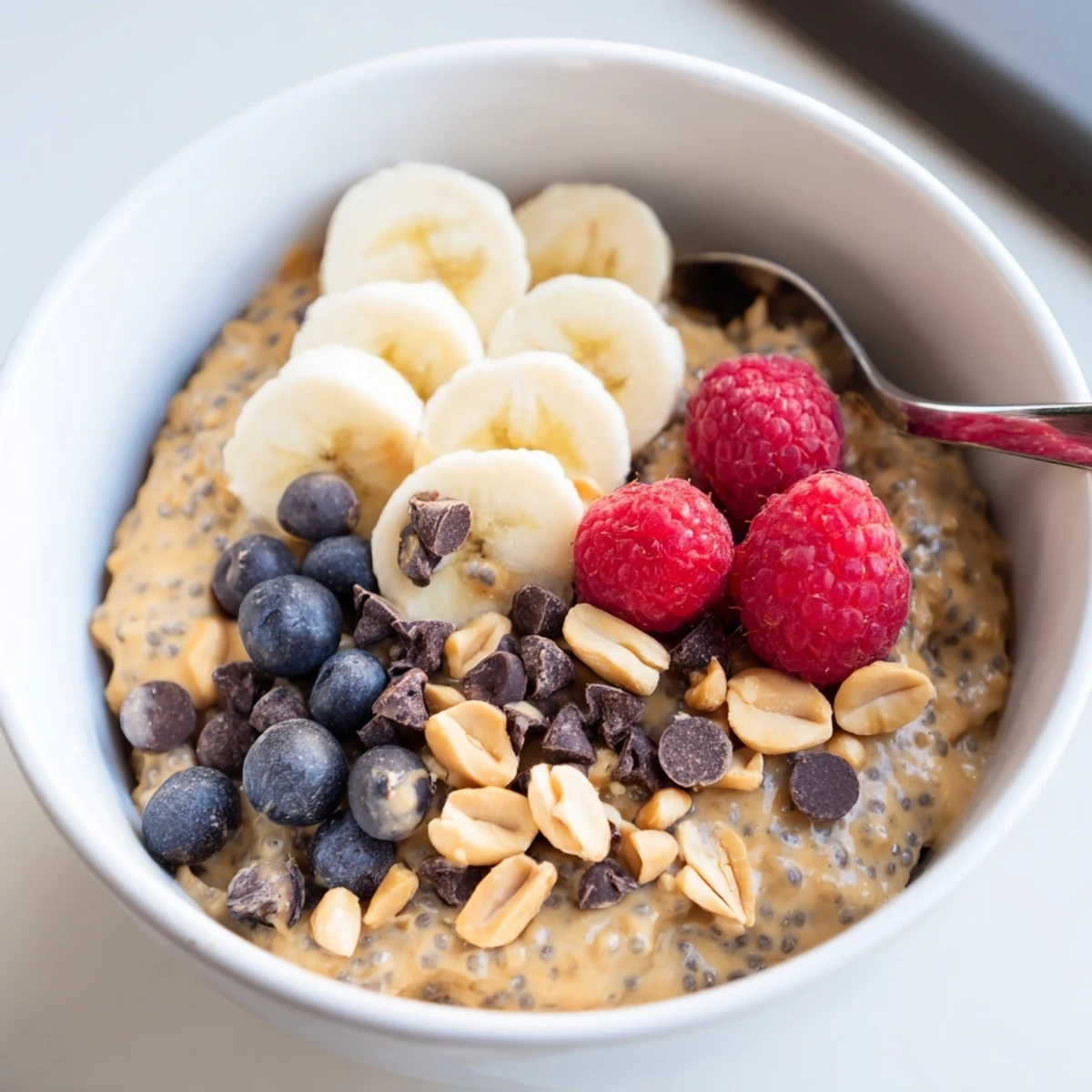 Smooth peanut butter chia pudding garnished with chopped peanuts and chocolate shavings