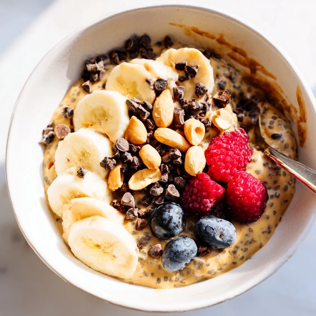 Thick chocolate-drizzled peanut butter chia pudding served in glass jars