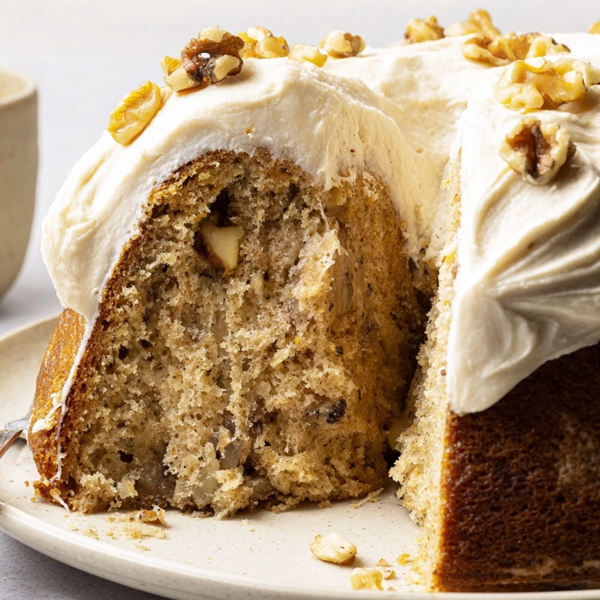 Golden banana cake slice topped with creamy frosting on a rustic plate