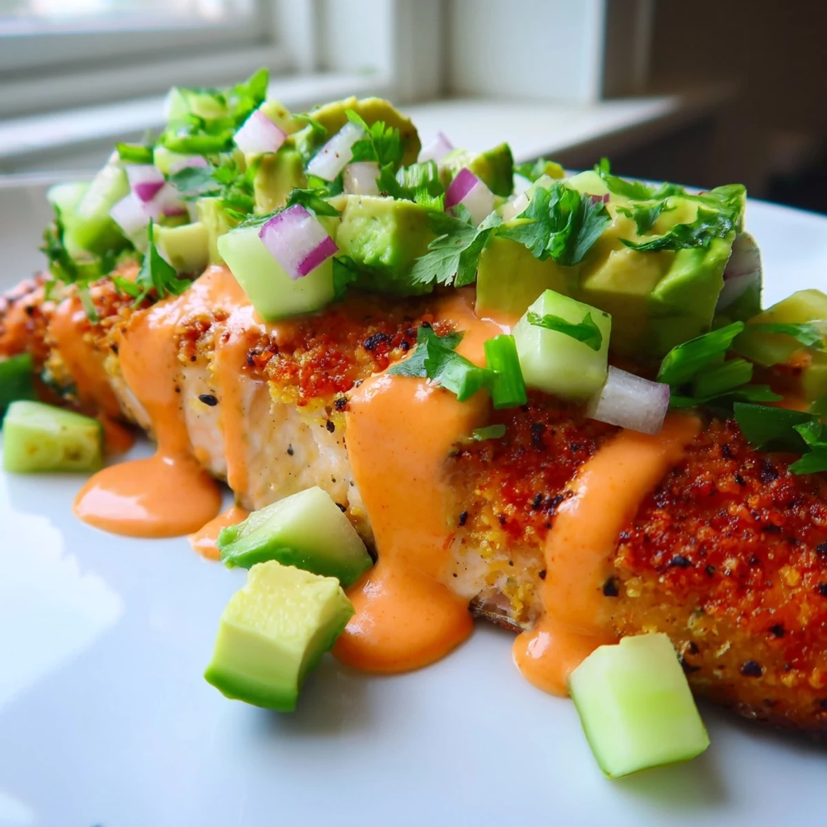Crispy baked bang bang salmon topped with creamy spicy sauce and fresh avocado cucumber salsa