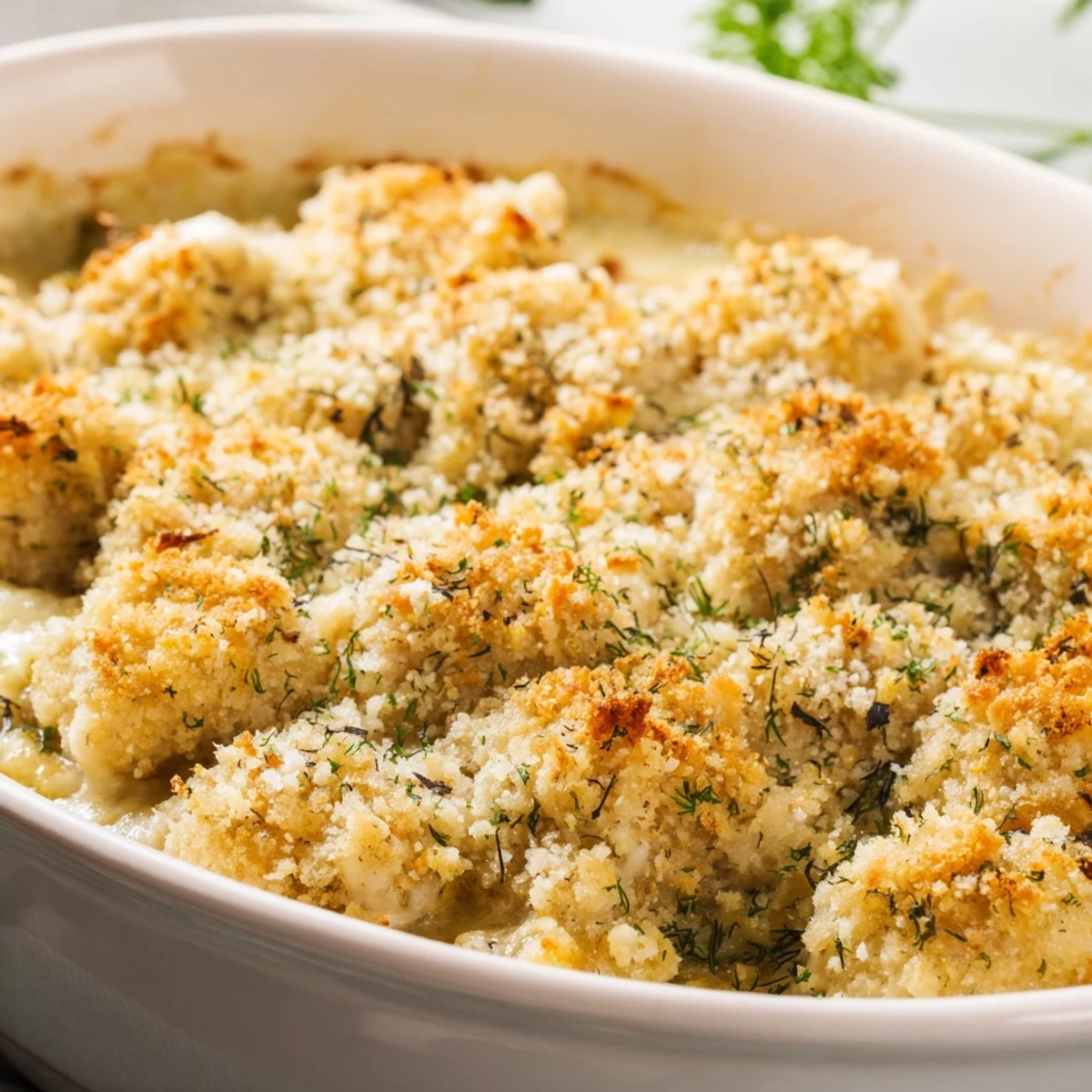 Creamy chicken Kiev casserole topped with crunchy panko and melted mozzarella cheese