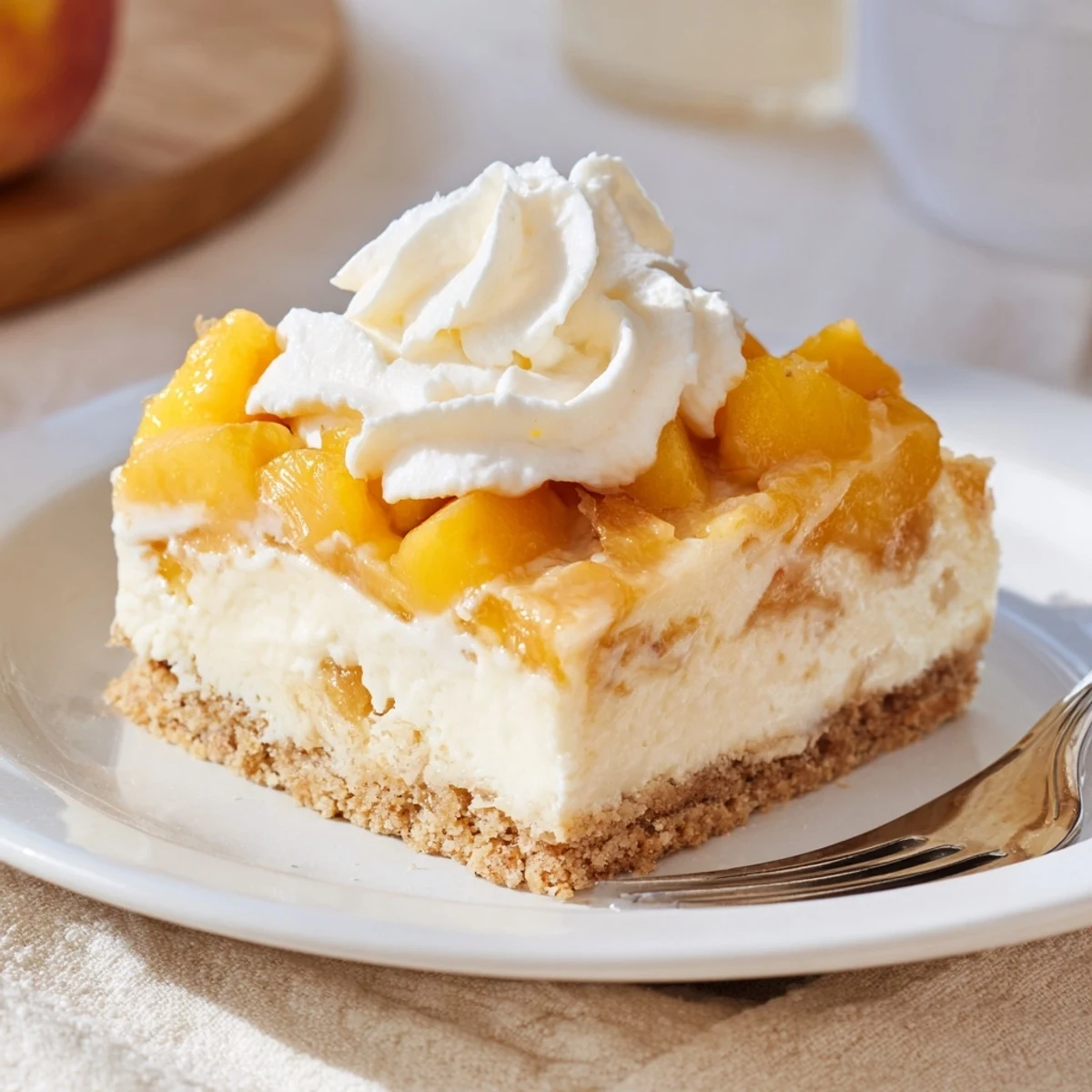 Creamy peaches and cream cheesecake bars sliced with golden graham crust and juicy peach topping