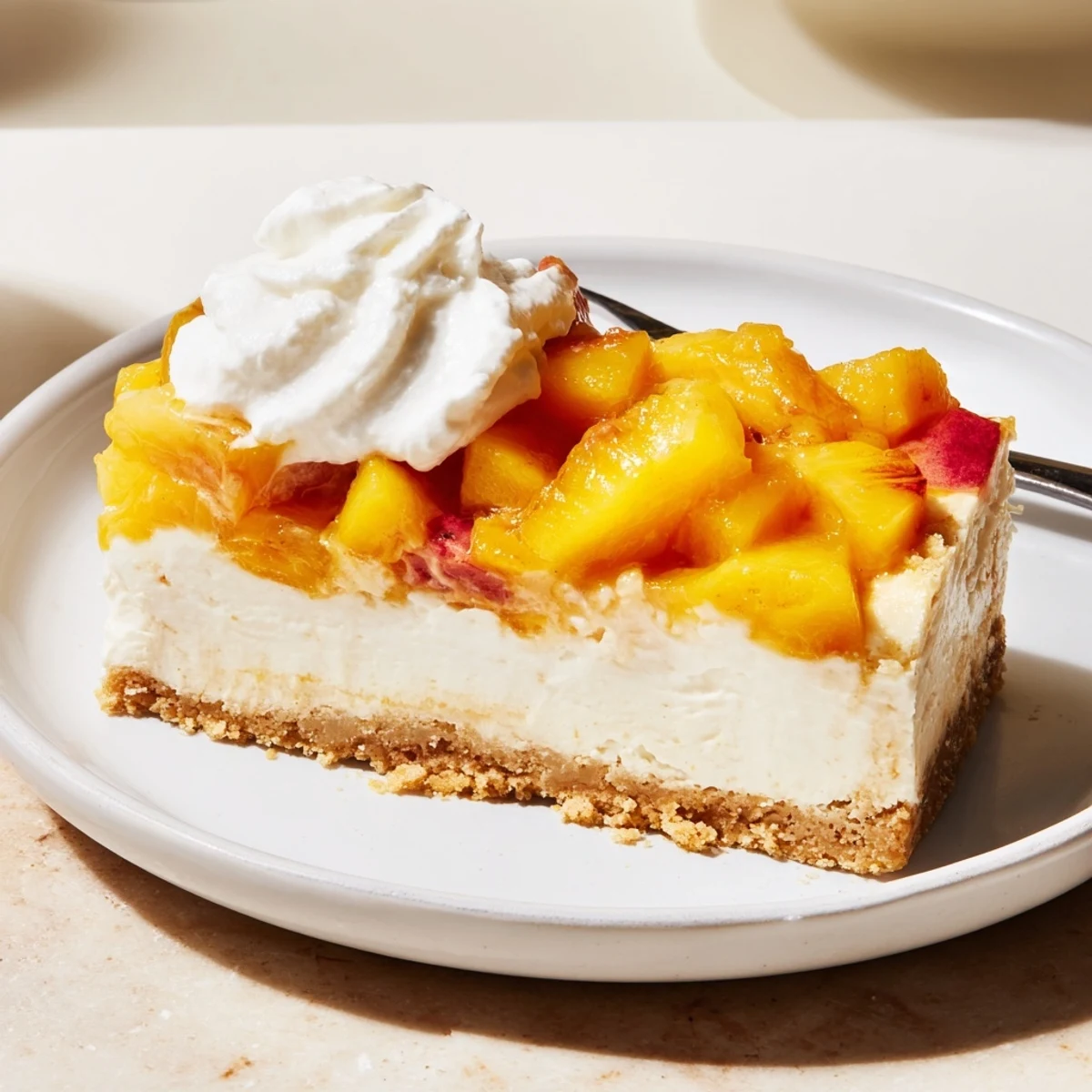 Golden graham-crusted peaches and cream cheesecake bars swirled with whipped cream and fresh summer peaches