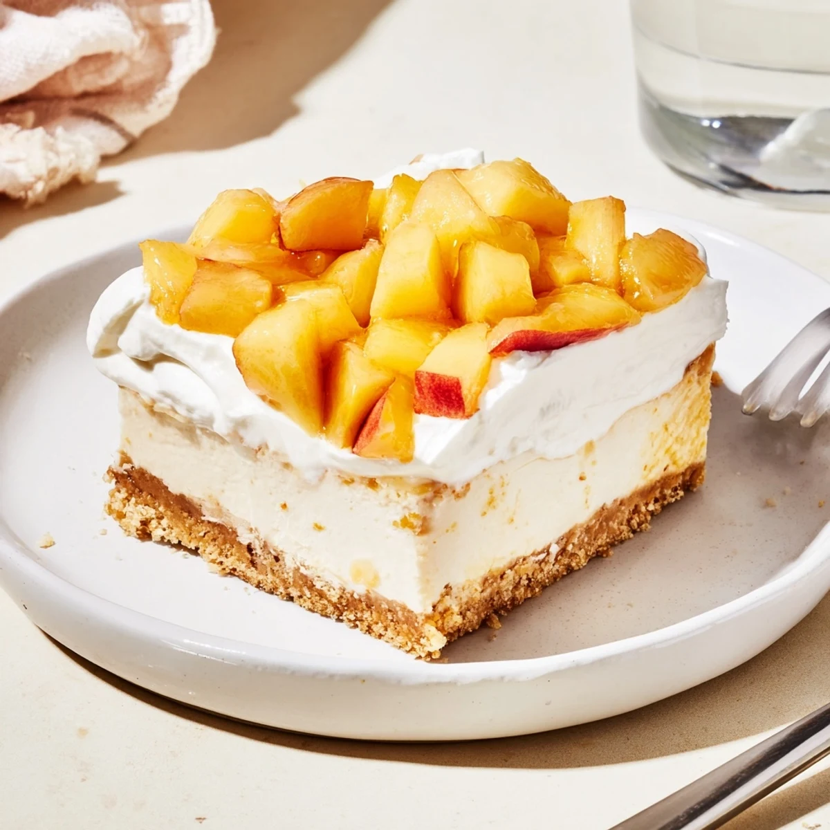 Chilled peaches and cream cheesecake bars on a rustic plate topped with fluffy whipped cream dollops