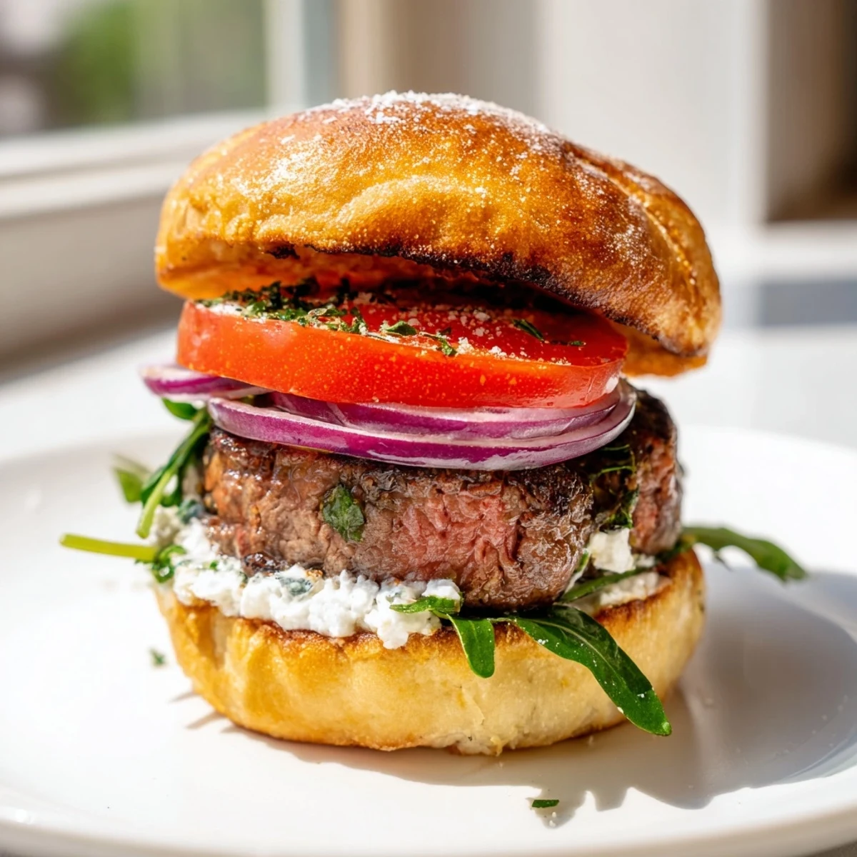 Juicy filet mignon sliders on golden garlic parmesan rolls topped with fresh arugula