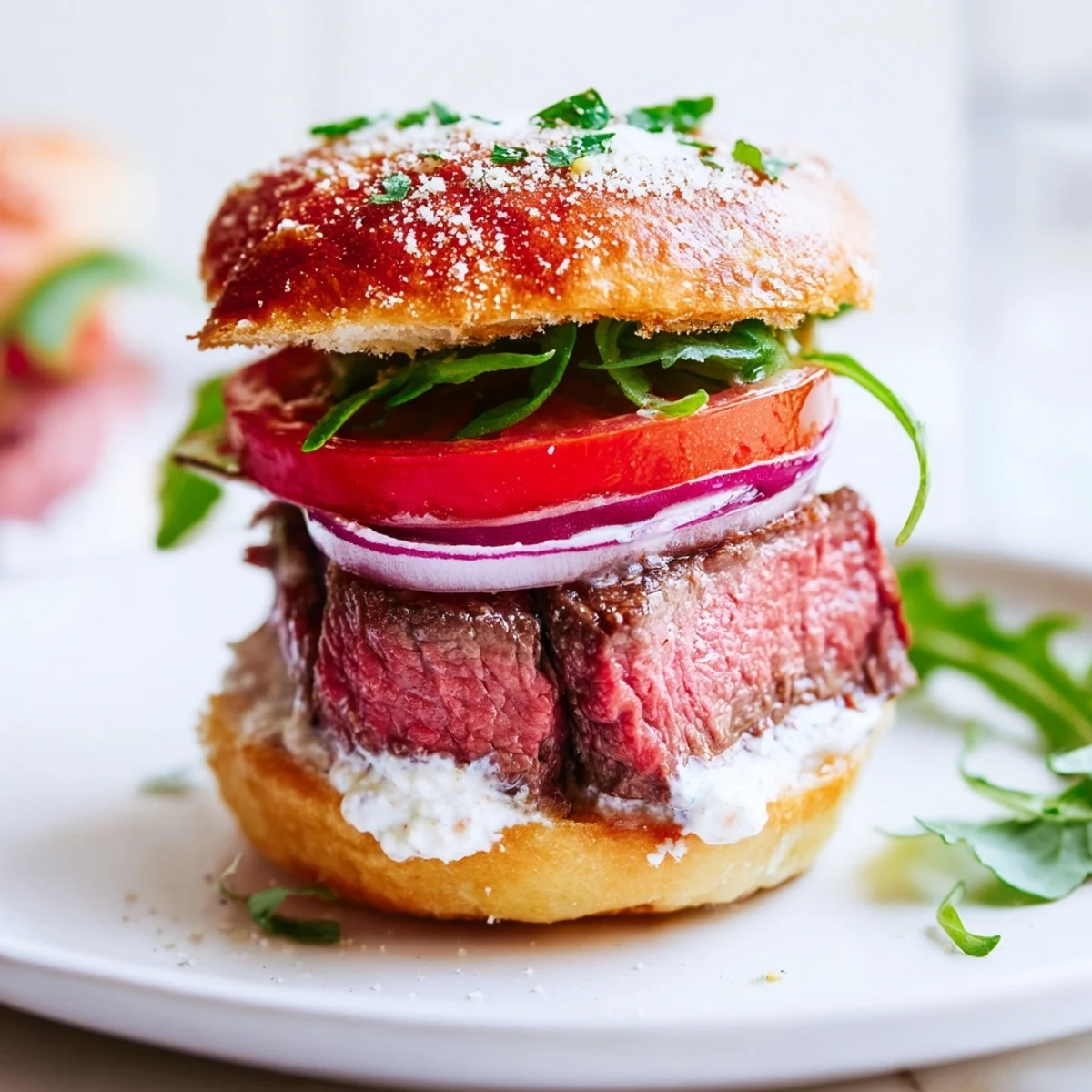 Crispy garlic parmesan rolls holding tender seared filet mignon sliders with sliced tomato and onion