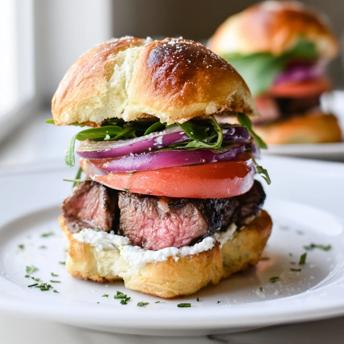 Savory filet mignon sliders served on toasted buttery garlic parmesan buns with horseradish cream drizzle