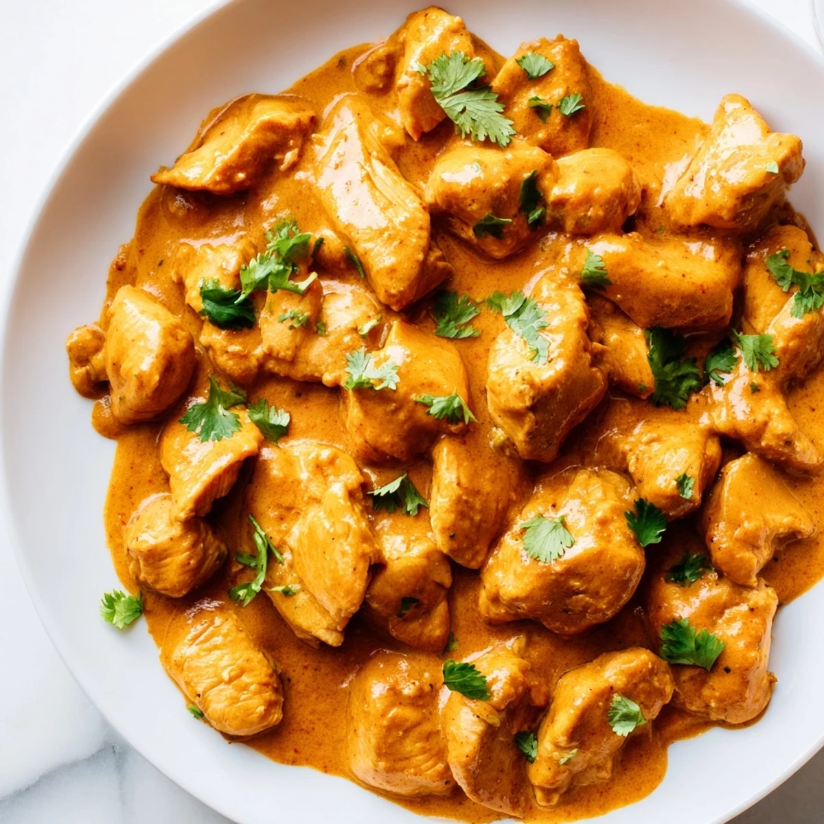 Tender Crockpot Butter Chicken served over fluffy basmati rice with fresh cilantro