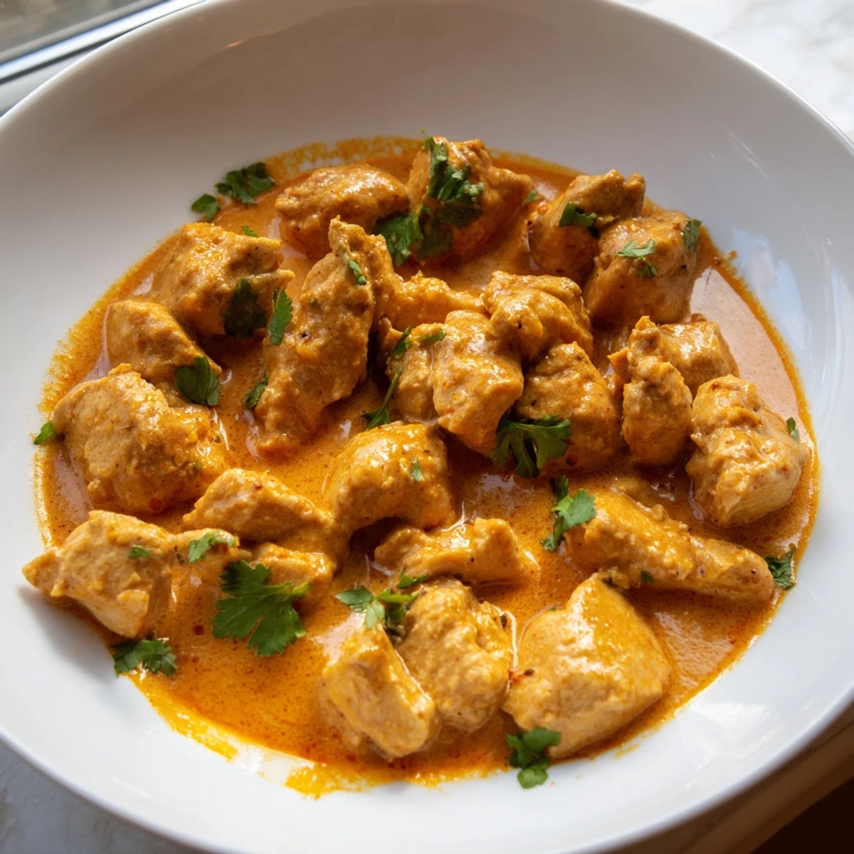 Crockpot Butter Chicken simmering in a rich, golden, spiced tomato cream sauce